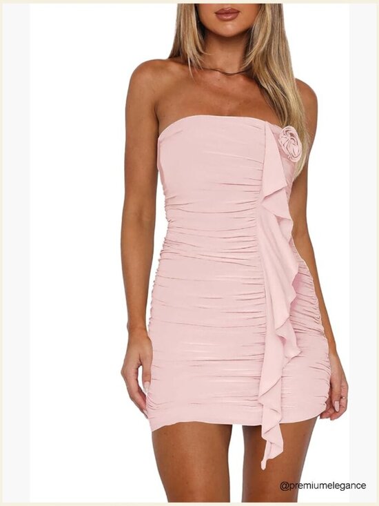 Dresses & Skirts - Strapless Ruched Bodycon Mini Dress with 3D Floral Tassels for Party